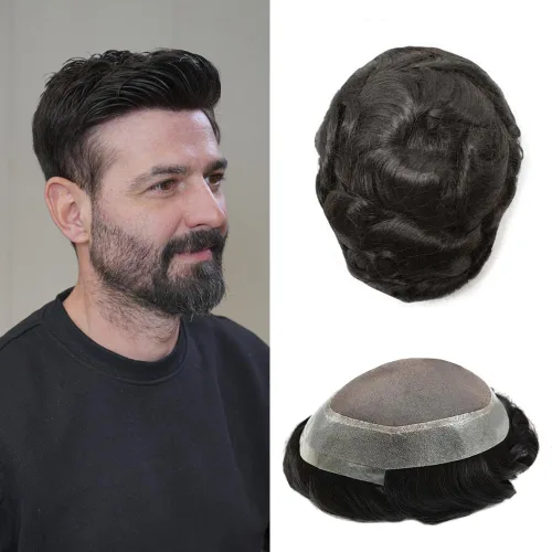 Vista 37 de Toupee para hombres Piezas de pelo fino mono para hombre Toupee sistema de reemplazo de pelo para hombres línea capilar natural para hombre postizo