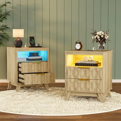 Vista 13 de Gurexl Mesita de noche inteligente con altavoz Bluetooth, moderna mesita de noche con luces LED RGB y estación de carga inalámbrica, soporte