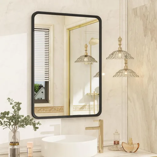 Vista 28 de OKPAL - Espejo de tocador de baño de 20x24 pulgadas con marco de metal cepillado en bronce, espejo de baño con marco de metal cepillado en bronce