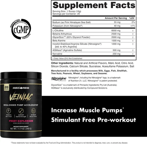 Vista 8 de Anabolic Warfare Veiniac - Suplemento activador de bomba muscular sin estimulantes antes del entrenamiento con L-citrulina, betaína anhidra