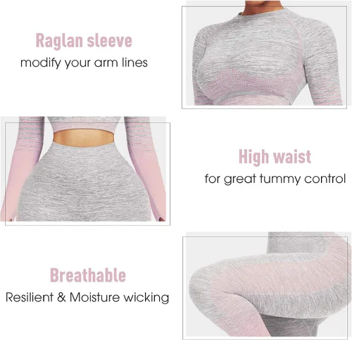 Vista 3 de JOYMODE - Conjunto de entrenamiento para mujer, diseño de 2 piezas con leggings de tiro alto sin costuras y camiseta corta , para yoga