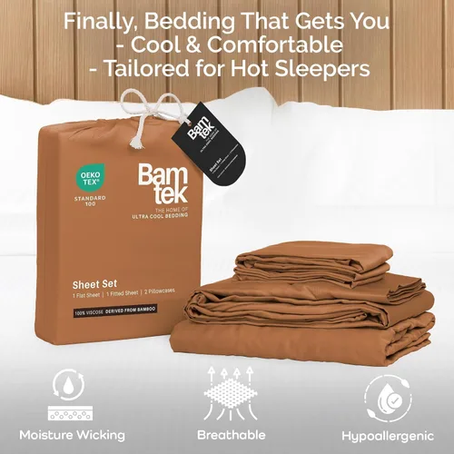 Vista 3 de Juego de sábanas de bambú de viscosa tamaño individual XL, 3 piezas, extra largas, ropa de cama refrescante para personas que duermen con calor