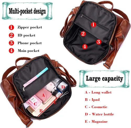 Vista 5 de Mochila de Moda para Mujer Bolso Impermeable Mochilas Escolares Viajes Compras Mochila Convertible Bolsa de Hombro para Damas Rojo-Marrón
