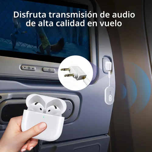 Vista 2 de Adaptador Bluetooth 5.3 para avión, receptor transmisor Bluetooth para 2 dispositivos AirPods o BT, baja latencia, adaptador de audio con conector
