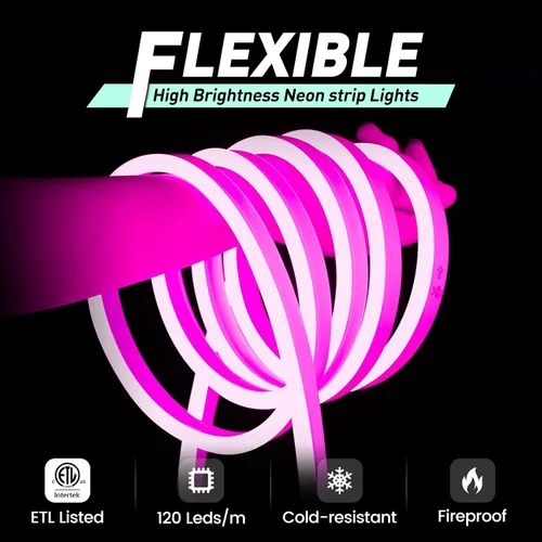 Vista 3 de GZBtech Tira de luces LED flexibles de neón de 50 pies, tira de luz impermeable CA de 110-120 V, 120 LEDs/M, iluminación de neón conectable para Rosa