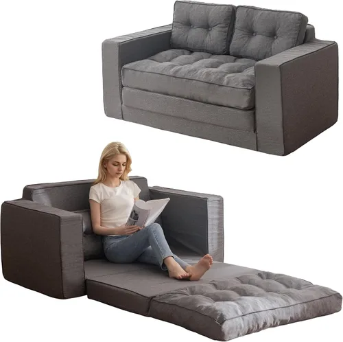 Vista 8 de Sofá Cama de Dos Plazas, Sofá Cama Convertible Sillón Futón para Sala de Estar, Sofá de Piso Extraíble 3 en 1 con Cojín y Almohadas, Gris Oscuro