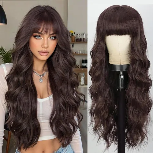 Vista 16 de Lativ Peluca castaña con flequillo para mujer, larga, ondulada, sintética Beginner Friendly,Natural Looking,Silky Smooth Texture,Heat Resistant