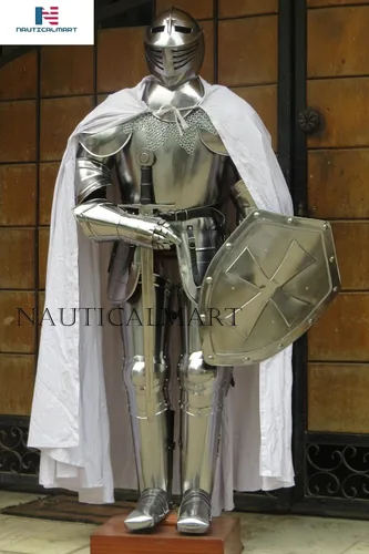 Vista 3 de NauticalMart Traje de caballero de armadura medieval Reenactment usable metálico talla única Halloween, escudo, capa, malla de cadena