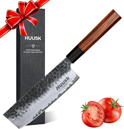 Vista 12 de Huusk Mini cuchillo japonés, pequeños cuchillos de carne con funda, cuchillos únicos de cavernícola, cuchillo vikingo de chef forjado a mano