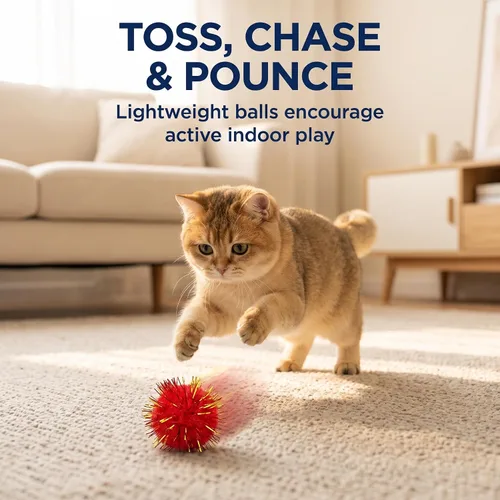 Vista 4 de 100 bolas de oropel con purpurina colorida y bolas de pompones para gatos, para ejercicios de gatitos y múltiples gatos para jugar y perseguir