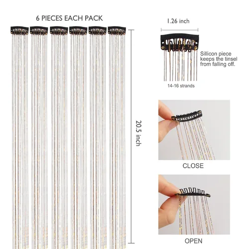 Vista 4 de Extensiones de oropel para el cabello con clip Bronce con reflejos para el cabello 52 cm 6 piezas, cabello de hada multicolor, oropel sintético