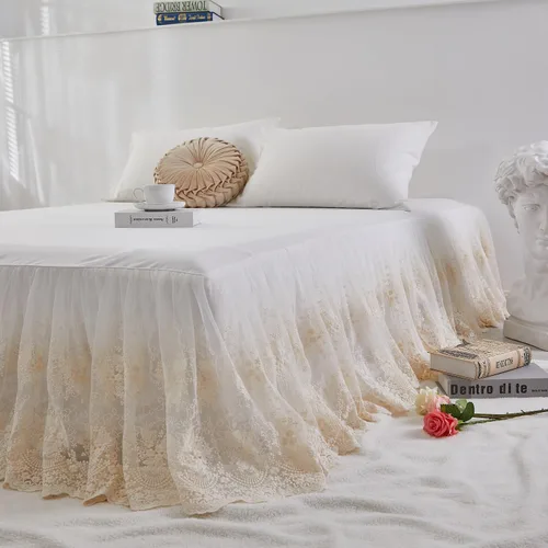 Vista 2 de Brandream Falda de cama de encaje, tamaño individual, color blanco crema, caída de 18 pulgadas, romántica con volantes y esquinas divididas