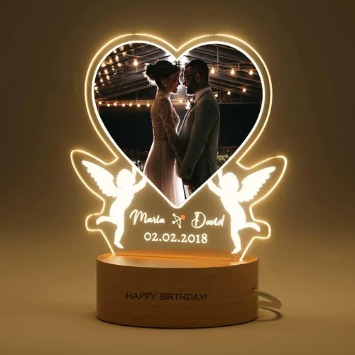 Vista 19 de Placa de acrílico con foto personalizada, regalos para aniversario, San Valentín, cumpleaños, luz nocturna LED personalizable, base de madera