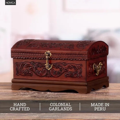Vista 4 de NOVICA Caja de joyería de madera y cuero labrado Mohena con temática colonial, legado colonial