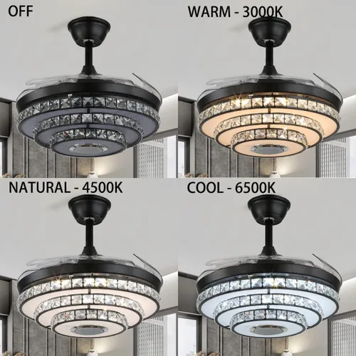 Vista 7 de Ventilador de techo de 42 pulgadas con luz, ventiladores de araña negros Retractable Ceiling Fans with Lights, Crystal Chandelier with Music, 7