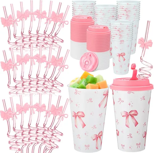 Vista 31 de Yungyan 16 juegos de tazas de golosinas con tapas y pajitas para decoraciones de cumpleaños, reutilizables, 16 onzas, vasos de plástico para dulces