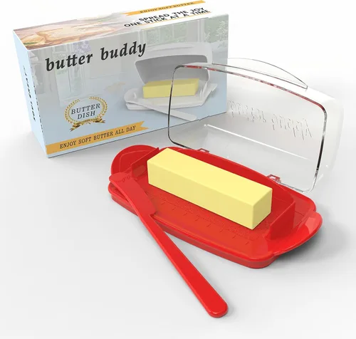 Vista 14 de Mantequilleras con tapa para encimera y refrigerador, plato de mantequilla de plástico transparente con tapa abatible y esparcidor, recipiente