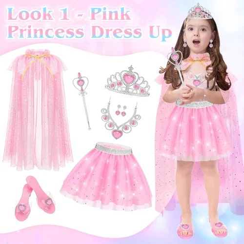Vista 2 de Princess Dress Up Clothes for Little Girls Toddlers, Princess Costume Set with Princess Cape, Tutu, Crown, Shoes