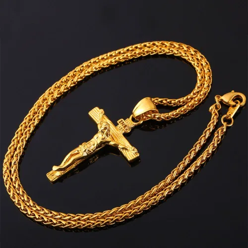 Vista 4 de U7 Men Crucifix Cross Pendant with Chain Baptism Christian Jewelry Stainless Steel18K Gold Antique Jesus Necklace Gift PackedLength 22