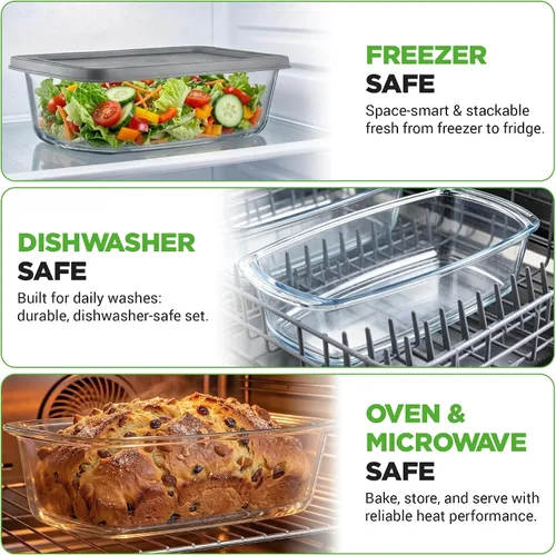 Vista 5 de NutriChef Juego de 4 moldes de vidrio para pan con tapas, apilables de 1.9 cuartos de galón / 62 onzas, 2 recipientes de almacenamiento de alimentos