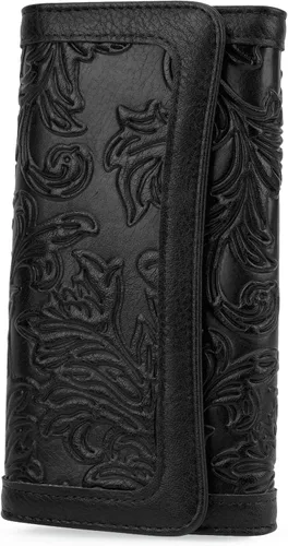 Vista 35 de MEITRUE Cartera de cuero para mujer, con bloqueo RFID, triple pliegue, con relieve, soporte para tarjetas, organizador de chequera para teléfono