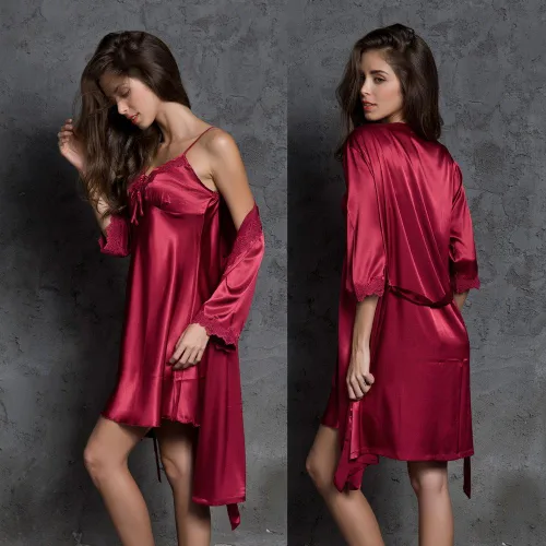 Vista 3 de Vestido de pijama de satén de seda sexy para mujer, 2 piezas, ropa de dormir