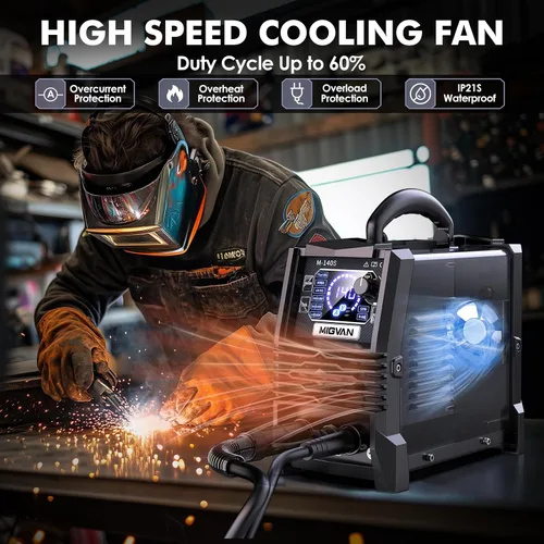Vista 4 de Soldador MIG sin gas de 140A, Máquina de soldadura de voltaje dual 110V/220V, MIG con núcleo de fundente/Lift TIG/Stick ARC 3 en 1 Soldadores MIGVAN