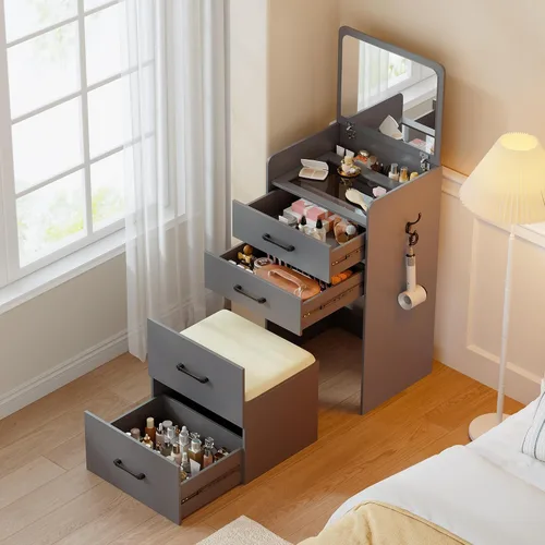 Vista 10 de Lvifur Escritorio de tocador 3 en 1 con espejo y luces, mesa de tocador de maquillaje con taburete acolchado, mesa de tocador compacta y escritorio