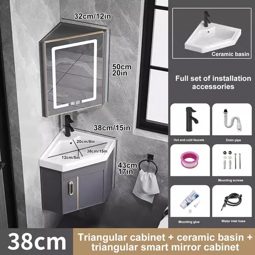 Vista 2 de Armario de tocador de baño de esquina con fregadero y armario con espejo LED, mueble de tocador de esquina con lavabo, armario de lavabo de baño