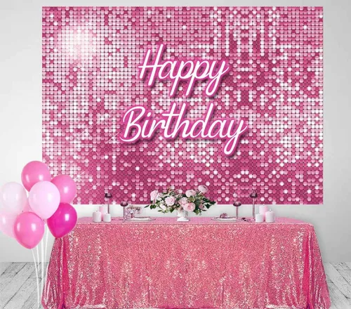 Vista 3 de Telón de fondo de cumpleaños cuadrado rosa con lentejuelas brillantes, paneles brillantes para fotografía de pared, fondo de fotografía de princesa