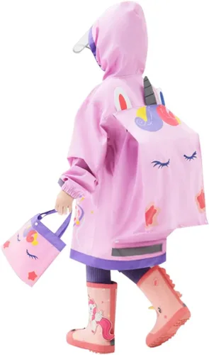 Vista 5 de Chubasquero para niños y niñas, poncho de lluvia con capucha, impermeable, impermeable, reutilizable, para lluvia de 4 a 18 años