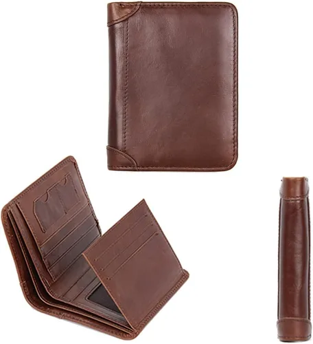 Vista 2 de Billetera corta de cuero genuino de alta capacidad para hombre bloqueo RFID multifuncional elegante delgada para fotos y tarjetas de crédito masones