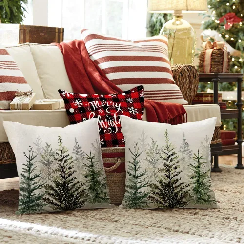 Vista 6 de RABUSOFA Fundas de almohada navideñas de 16x16, juego de 2, almohadas decorativas con diseño de árbol de Navidad verde, fundas de cojín