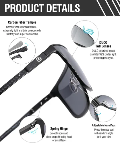 Vista 3 de DUCO Lentes de sol cuadrados de moda para hombres y mujeres, con parte superior plana, de gran tamaño, polarizados, de fibra de carbono, DC8209