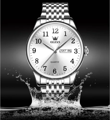 Vista 5 de OLEVS Reloj plateado para hombre, de acero inoxidable, impermeable, fácil de leer, con números arábigos, Azul, Negocio