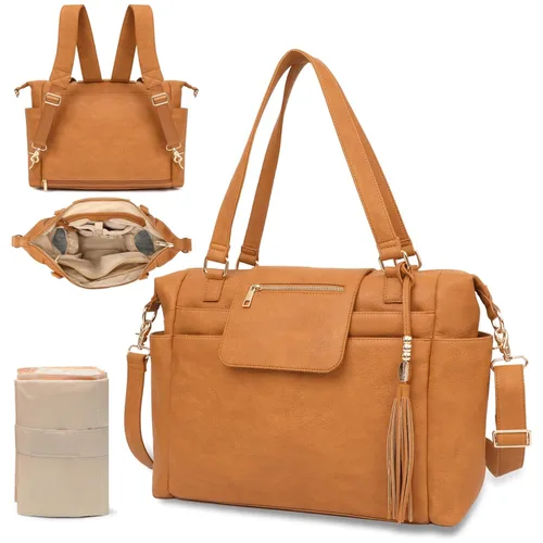 Vista 7 de Omanmoli Bolsa de pañales de cuero para pañales, mochila grande para pañales para bebé, 14 bolsas organizadoras, cambiador, correa cruzada, 4 Negro
