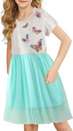 Vista 4 de Vestido de primer cumpleaños para niña, vestido floral de mariposa, manga corta, plisado, casual, vestidos de encaje para niños de 2 a 7 años