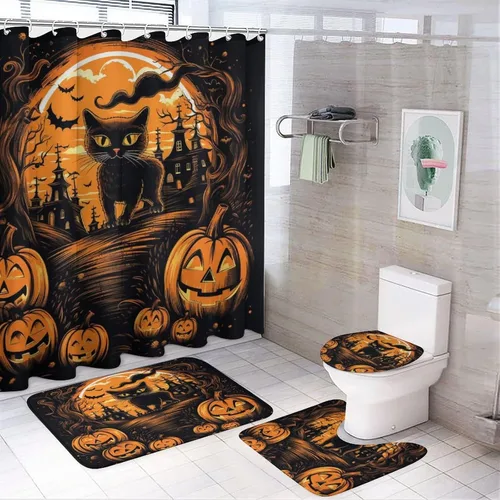 Vista 15 de Juego de 4 cortinas de ducha de Halloween, gato negro, luna llena, calabaza aterradora, cortina de ducha y alfombras, juego de cortina de ducha