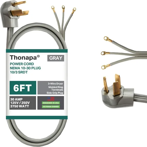 Vista 11 de Thonapa Cable de secadora de 3 clavijas de 4 pies, cable de extensión para electrodomésticos de 30 amperios de 3 clavijas de 4 pies, enchufe NEMA
