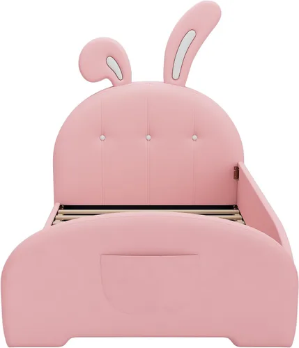 Vista 5 de Bellemave Cama de plataforma tapizada tamaño individual con cabecera en forma de conejo, cama de princesa rosa para niñas, marco bajo con riel
