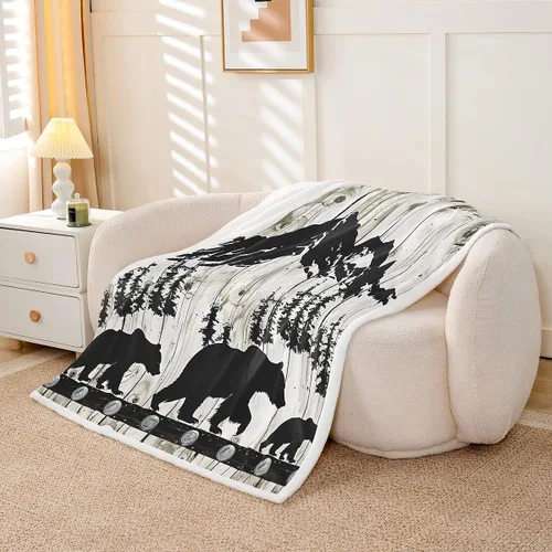 Vista 3 de Manfei Manta de oso negro con silueta de árbol para sofá, manta de cama temática de aventura de montaña para niños y adolescentes, decoración