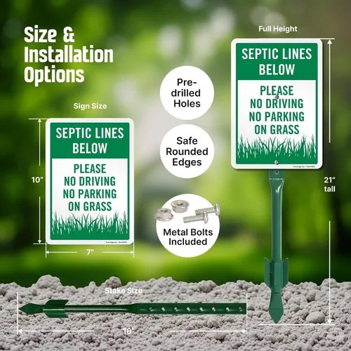 Vista 4 de SmartSign Letrero de patio con texto en inglés "Septic Lines Below - Please No Driving No Parking On Grass" de 10 x 7 pulgadas, kit de estaca de 18