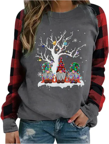 Vista 3 de BEUU - Camisas de Navidad para mujer, gnomo, reno, a cuadros, suéter de manga larga, sudaderas de moda de talla grande, 20210926-111-blanco