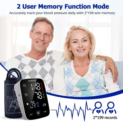 Vista 3 de CareLiving Monitor de presión arterial, monitores de presión arterial superior del brazo para uso doméstico, memoria de lecturas de 2 x 199, puño