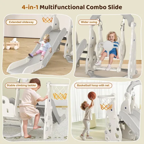 Vista 2 de Tobogán para Niños Pequeños, Conjunto de Juegos 4 en 1 para Niños Pequeños - Actualizado con Tobogán para Niños, Columpio, Aro de Baloncesto