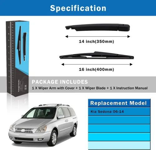 Vista 5 de WTI Juego de limpiaparabrisas trasero compatible con Kia Sedona 2006-2014 minivan parabrisas trasero, kit de limpiaparabrisas trasero, accesorios