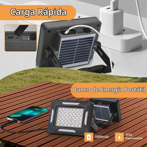 Vista 6 de Luces LED solares portátiles para acampar con regulador magnético, linterna solar recargable de 2000 lm con soporte, IP67 a prueba de agua, 5 modos
