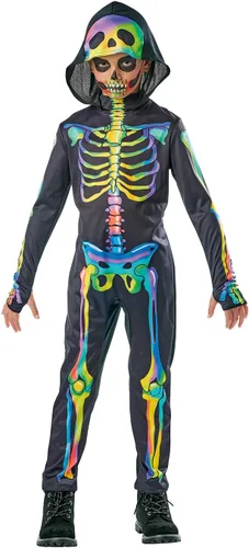 Vista 3 de Seasons Disfraz de esqueleto arcoíris con capucha para niños, sensible a la luz negra, disfraz de cosplay de Halloween
