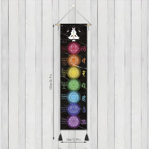 Vista 3 de DigiTizerArt Póster colgante en lienzo para meditación, 7 chakras y yoga, pintura tapiz colgante de pared blanco y negro 13.0 x 53.1 in (negro)