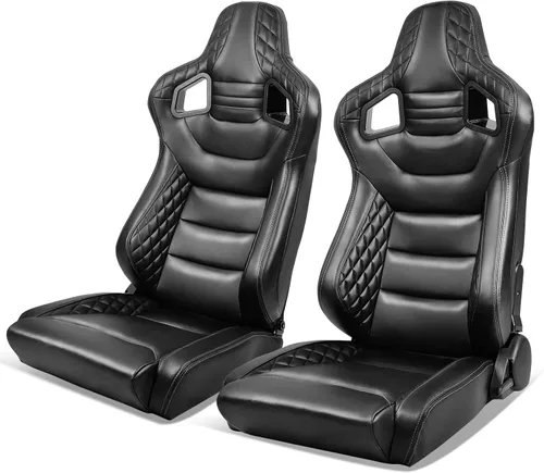 Vista 31 de IKON MOTORSPORTS, Asiento universal de carreras PU + cuero de carbono + gamuza, con deslizadores dobles, asiento deportivo reclinable negro